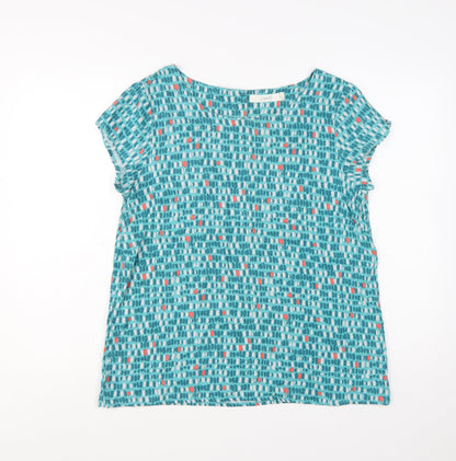 Lily & Me Women's Blue Geometric Linen Blend Short Sleeve Tunic Blouse Size 14