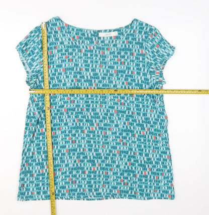 Lily & Me Women's Blue Geometric Linen Blend Short Sleeve Tunic Blouse Size 14