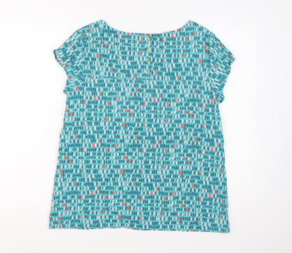 Lily & Me Women's Blue Geometric Linen Blend Short Sleeve Tunic Blouse Size 14