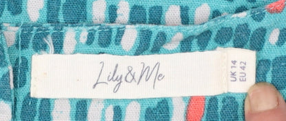 Lily & Me Women's Blue Geometric Linen Blend Short Sleeve Tunic Blouse Size 14