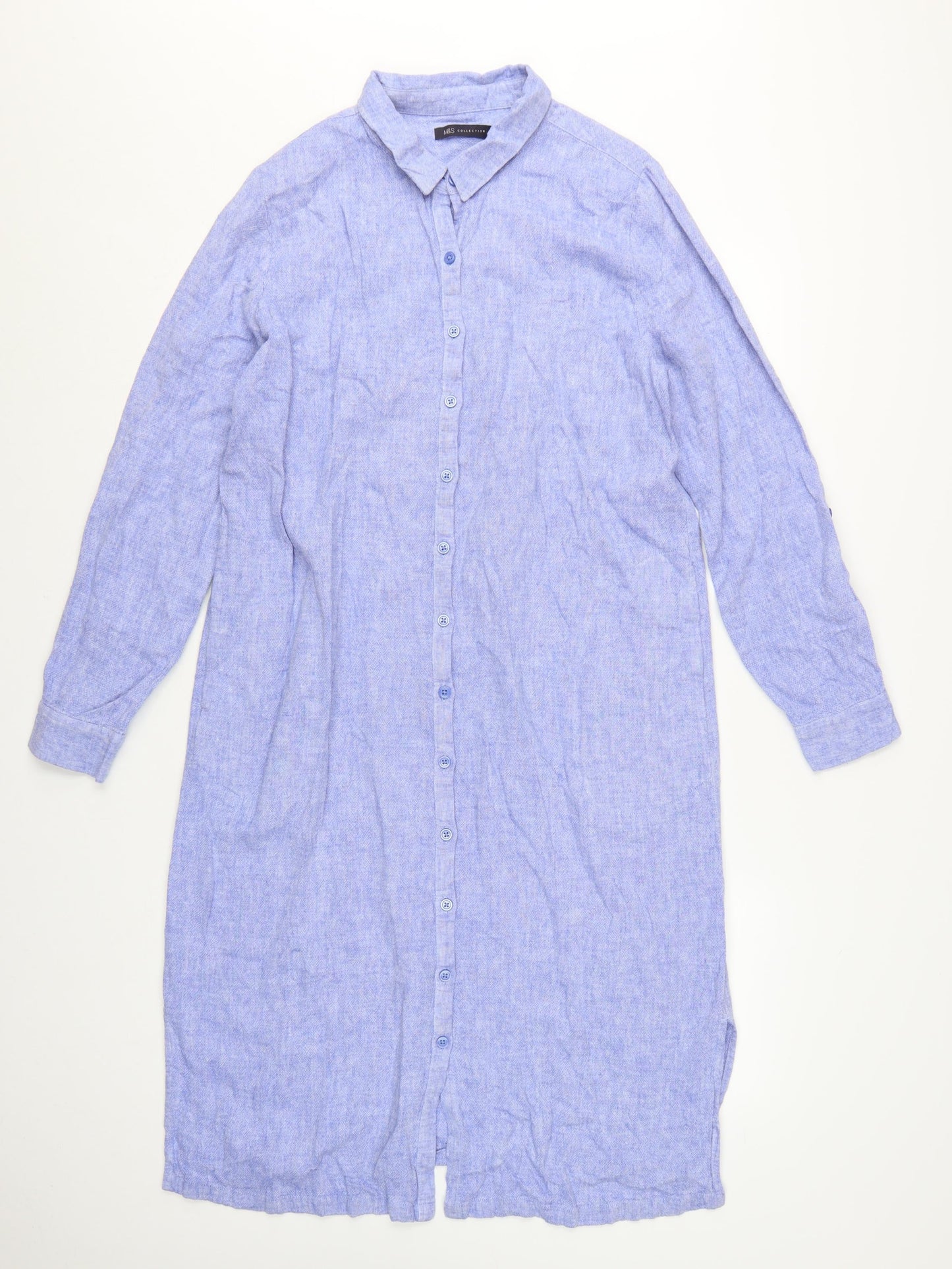 Marks and Spencer Women’s Blue Linen Blend Long Sleeve Shirt Dress Size 14