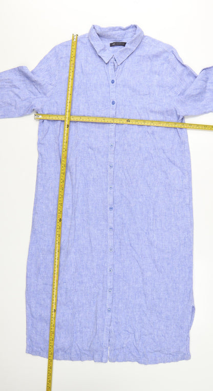 Marks and Spencer Women’s Blue Linen Blend Long Sleeve Shirt Dress Size 14