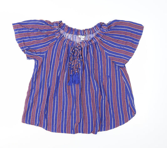 Next Women Blue Striped Bohemian Tassel Short Sleeve Blouse Size S