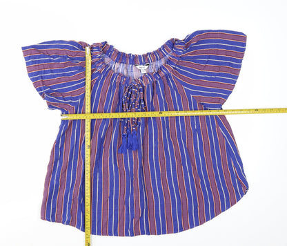 Next Women Blue Striped Bohemian Tassel Short Sleeve Blouse Size S