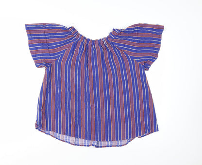 Next Women Blue Striped Bohemian Tassel Short Sleeve Blouse Size S