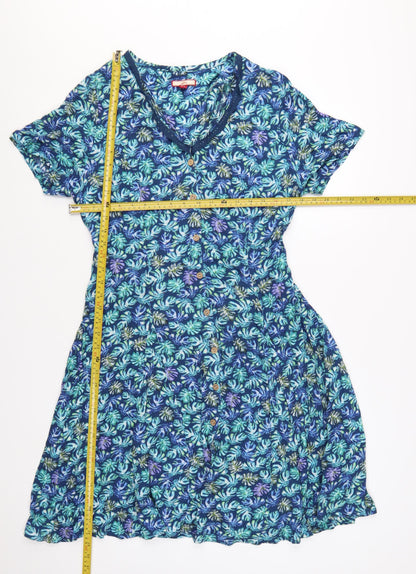 Joe Browns Womens Blue Floral A-Line V-Neck Button Dress Size 14