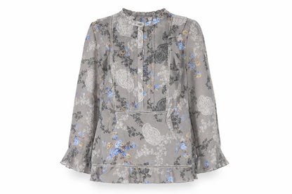 Laura Ashley Women's Grey Floral Chiffon Ruffle Tunic Blouse UK 10
