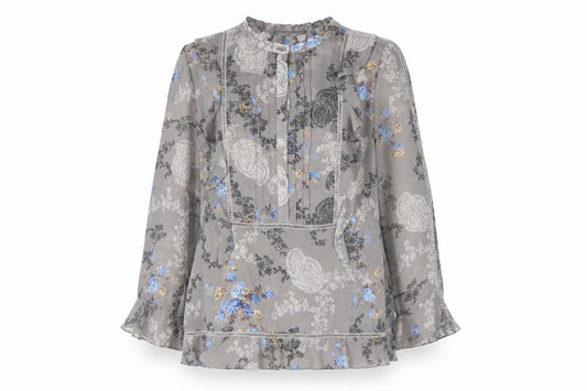 Laura Ashley Women's Grey Floral Chiffon Ruffle Tunic Blouse UK 10