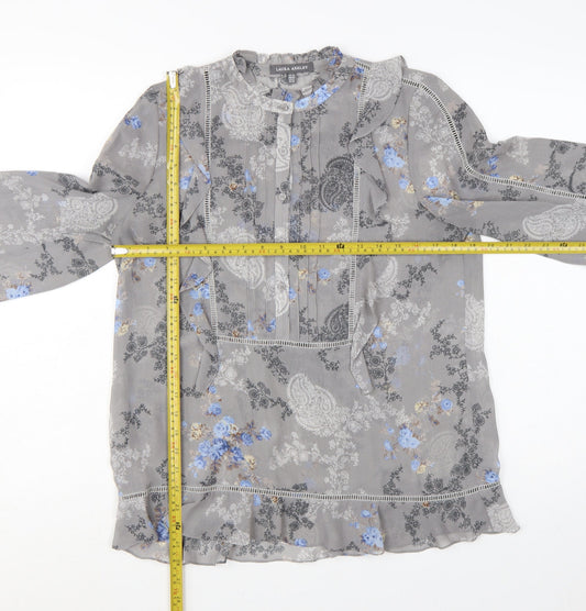 Laura Ashley Women's Grey Floral Chiffon Ruffle Tunic Blouse UK 10