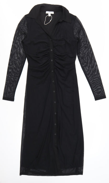 Marks and Spencer Women’s Black Ruched Mesh Long Sleeve Shirt Midi Dress Size 10