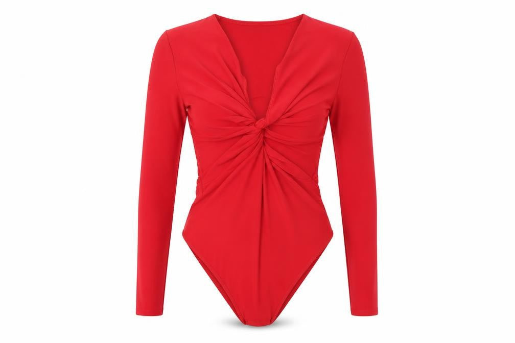 Miss Selfridge Women Red Long Sleeve Knot Front Bodysuit UK 10