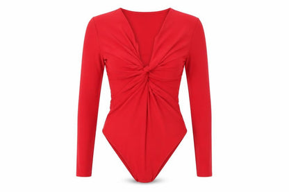 Miss Selfridge Women Red Long Sleeve Knot Front Bodysuit UK 10