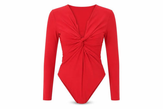Miss Selfridge Women Red Long Sleeve Knot Front Bodysuit UK 10