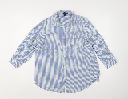 Chaps Women Blue Striped Linen Cotton Button-Up Shirt Size 18 Plus
