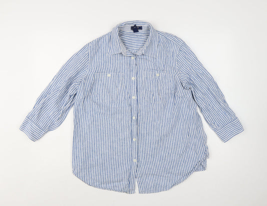 Chaps Women Blue Striped Linen Cotton Button-Up Shirt Size 18 Plus