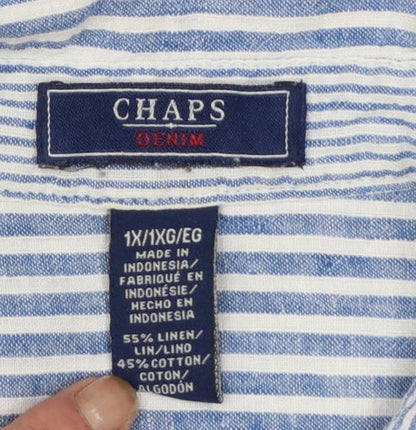 Chaps Women Blue Striped Linen Cotton Button-Up Shirt Size 18 Plus