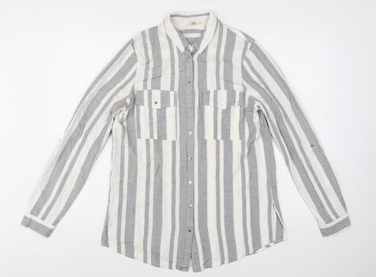 River Island Women Grey Striped Long Sleeve Collared Button-Up Shirt Size 10