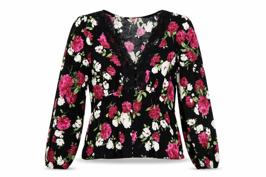 Dorothy Perkins Women's Black Floral Lace V-Neck Tunic Blouse Size 12