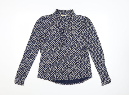 Boden Women's Blue Floral Ruffle High Neck Cotton Blouse Size 12
