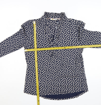 Boden Women's Blue Floral Ruffle High Neck Cotton Blouse Size 12