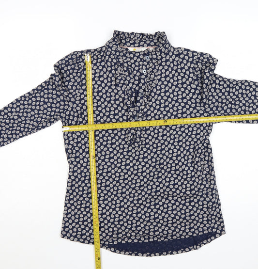 Boden Women's Blue Floral Ruffle High Neck Cotton Blouse Size 12