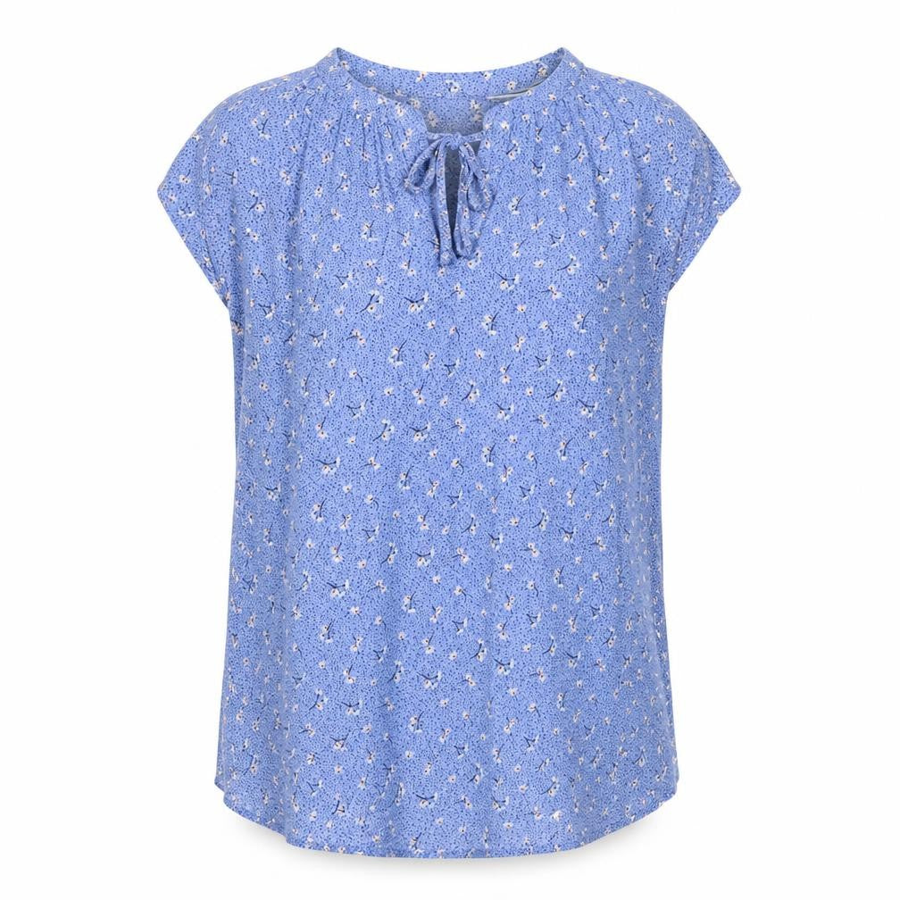 Front view of Crew Clothing Women’s Blue Floral Sleeveless Tunic Blouse, size UK 14