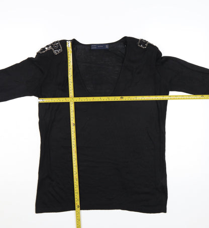 Zara Women Black V-Neck Beaded Shoulder Acrylic Jumper Size 14