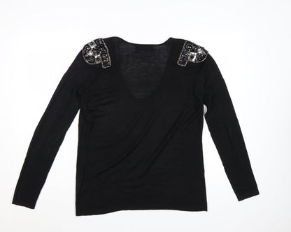 Zara Women Black V-Neck Beaded Shoulder Acrylic Jumper Size 14