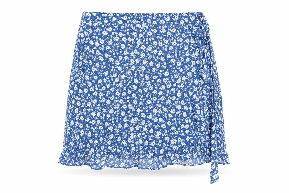 New Look Women Blue Floral Wrap Short Skirt Size 14 Summer Viscose Ruffle