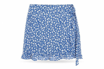 New Look Women Blue Floral Wrap Short Skirt Size 14 Summer Viscose Ruffle
