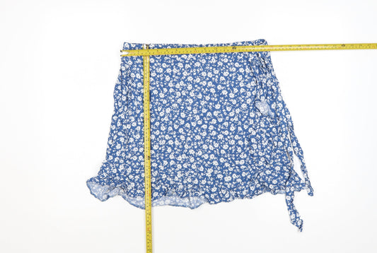 New Look Women Blue Floral Wrap Short Skirt Size 14 Summer Viscose Ruffle