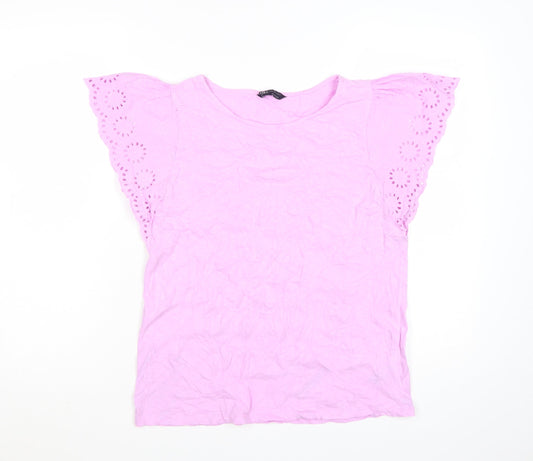 Marks and Spencer Women's Pink Embroidered Flutter Sleeve Cotton T-Shirt Size 8