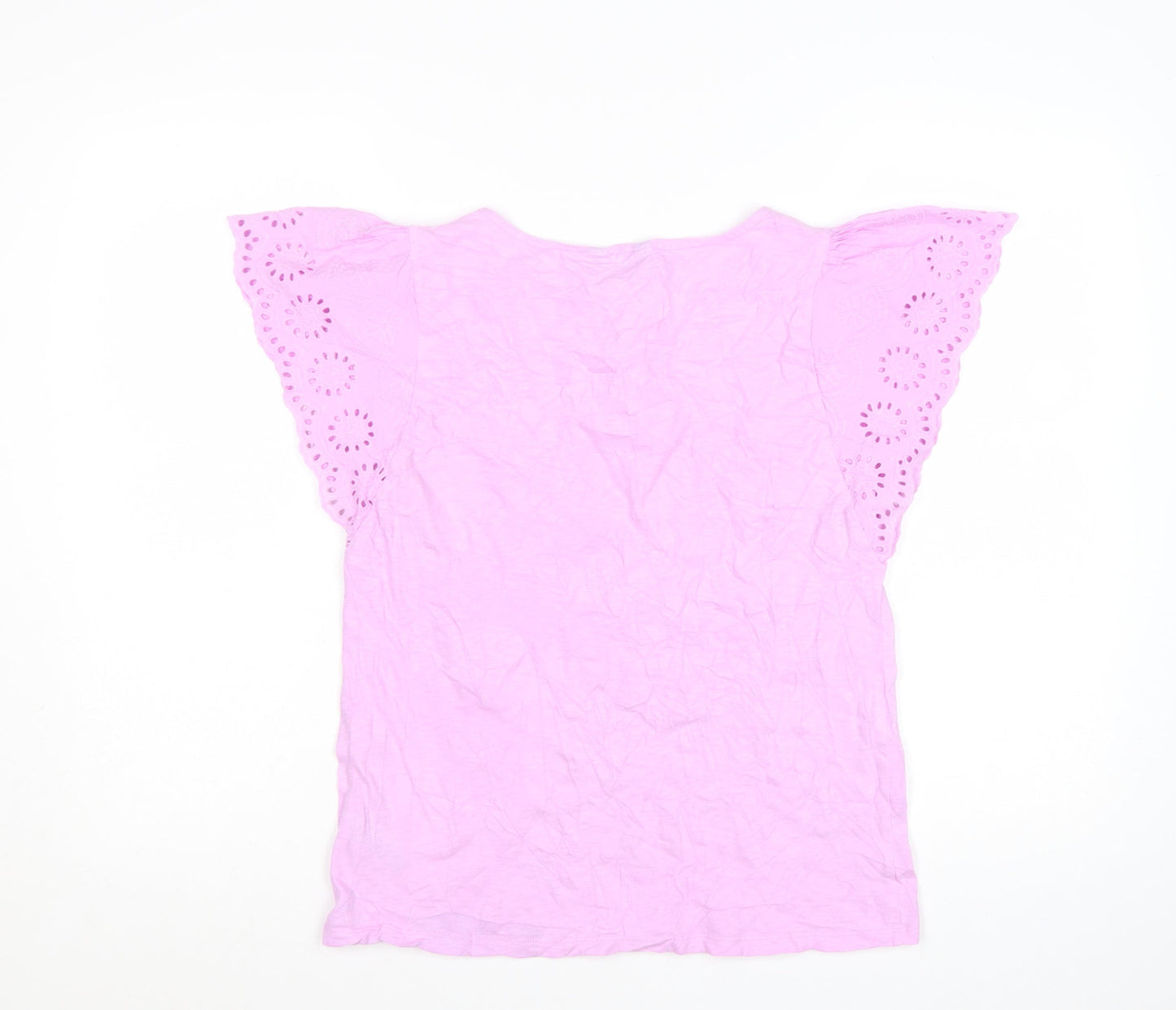 Marks and Spencer Women's Pink Embroidered Flutter Sleeve Cotton T-Shirt Size 8