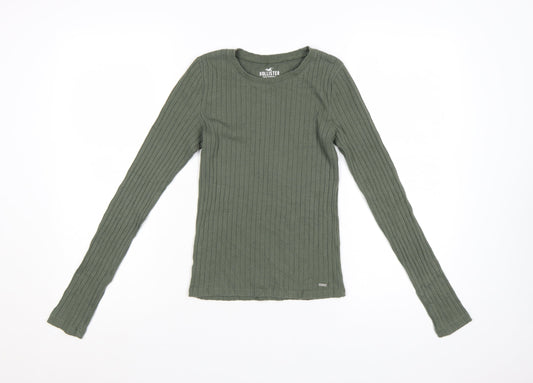 Hollister Women’s Green Ribbed Long Sleeve Slim Fit T-Shirt Size S
