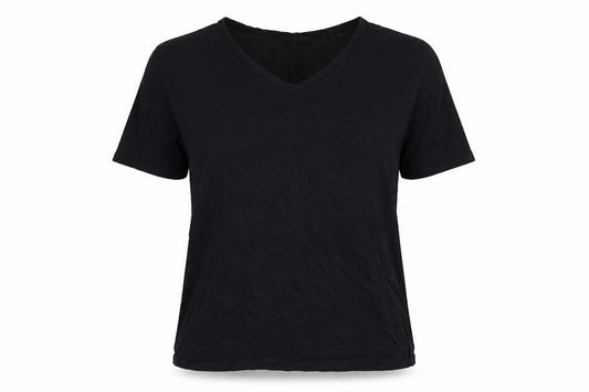 Front view of Jaeger women’s black v-neck short sleeve jersey t-shirt, size L