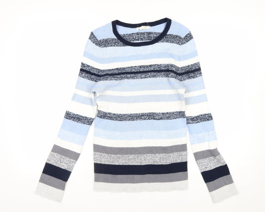 White Stuff Women Blue Striped Long Sleeve Knit Cotton Top UK 14