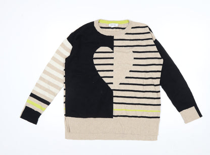 White Stuff Women’s Beige Striped Merino Wool Cotton Crew Neck Jumper Size 12