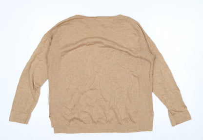 White Stuff Women Beige Cotton Blend Relaxed Fit Crew Neck Jumper Size 14