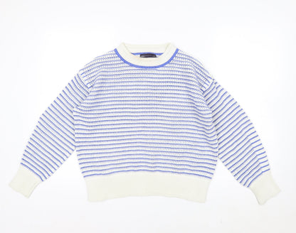 Marks and Spencer Women's Blue Striped Crew Neck Cotton Jumper M