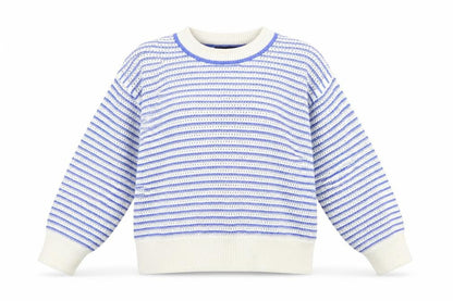 Marks and Spencer Women's Blue Striped Crew Neck Cotton Jumper M