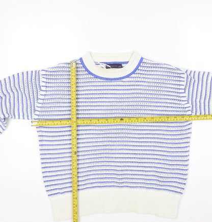 Marks and Spencer Women's Blue Striped Crew Neck Cotton Jumper M