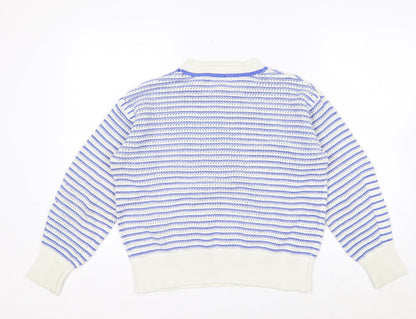 Marks and Spencer Women's Blue Striped Crew Neck Cotton Jumper M