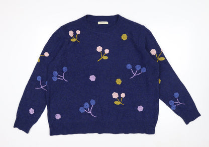 Woolovers Women Blue Floral Embroidered Wool Blend Jumper XL
