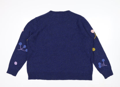 Woolovers Women Blue Floral Embroidered Wool Blend Jumper XL