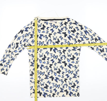 Amaryllis Womens Beige Blue Butterfly Print Cotton Long Sleeve Top S