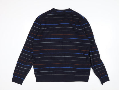 Marks and Spencer Men's Blue Striped Cotton Blend Crew Neck Jumper L