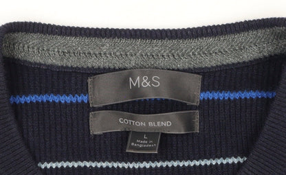 Marks and Spencer Men's Blue Striped Cotton Blend Crew Neck Jumper L