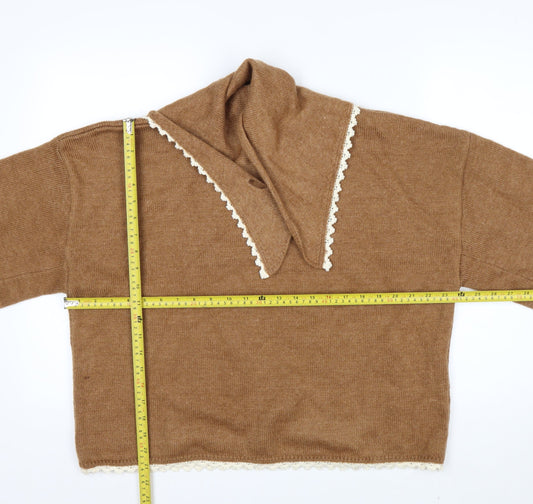 Zara Women Brown Lace Trim V-Neck Knit Jumper Size L