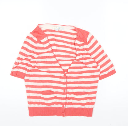 Boden Women’s Pink White Striped Linen Cotton V-Neck Cardigan Size 14