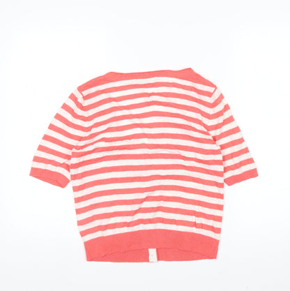 Boden Women’s Pink White Striped Linen Cotton V-Neck Cardigan Size 14